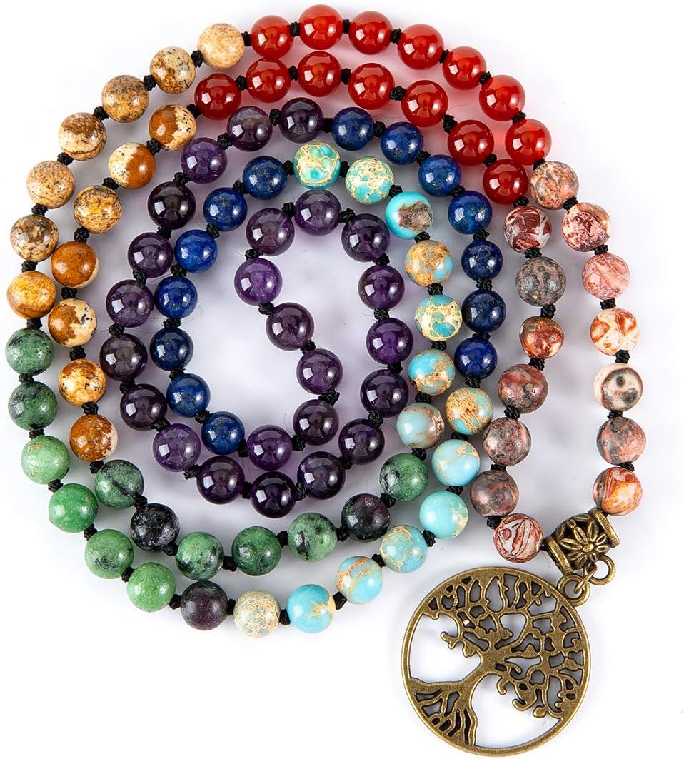 Chakra 108 Mala Beads Bracelet Real Gemstone Yoga Meditation Hand Knotted Mala Prayer Bead Necklace