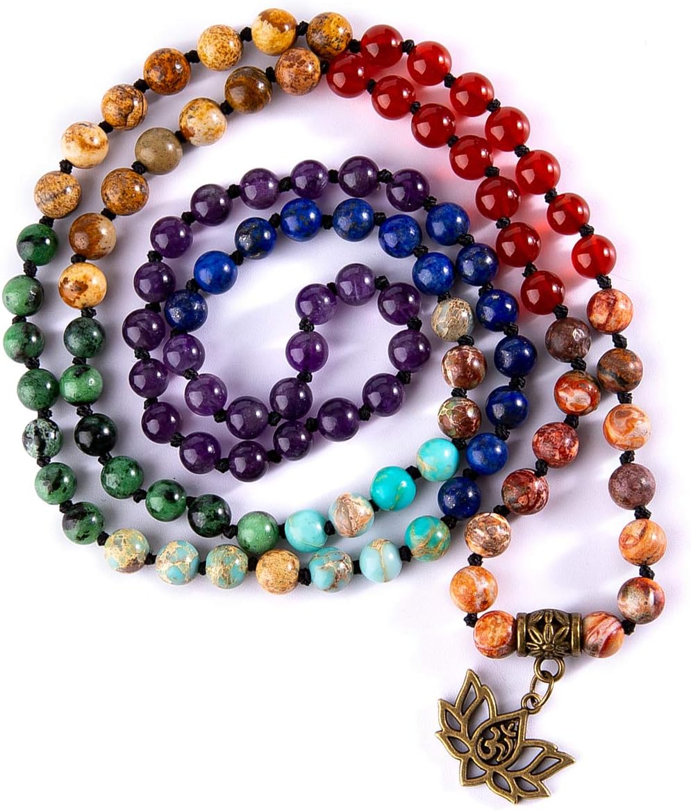 Chakra 108 Mala Beads Bracelet Real Gemstone Yoga Meditation Hand Knotted Mala Prayer Bead Necklace