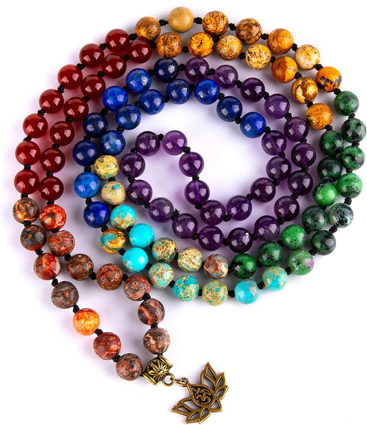 Chakra 108 Mala Beads Bracelet Real Gemstone Yoga Meditation Hand Knotted Mala Prayer Bead Necklace