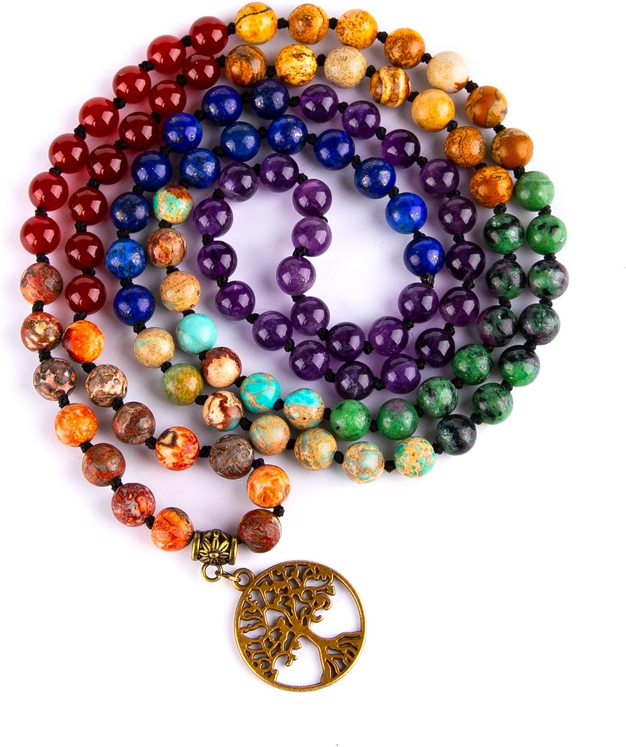 Chakra 108 Mala Beads Bracelet Real Gemstone Yoga Meditation Hand Knotted Mala Prayer Bead Necklace